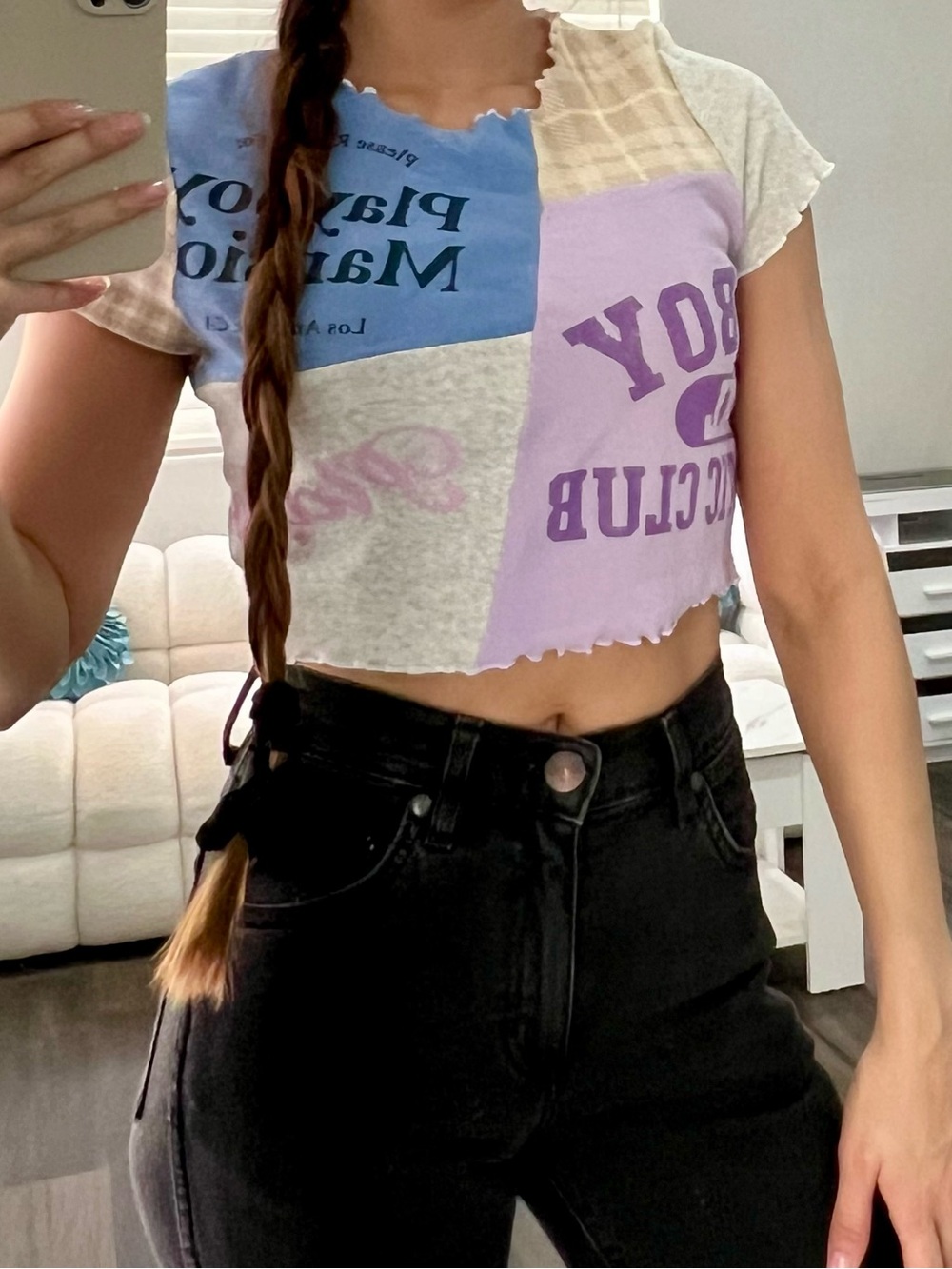 PLAYBOY Lavender & Light Blue Patchwork Cropped Tee